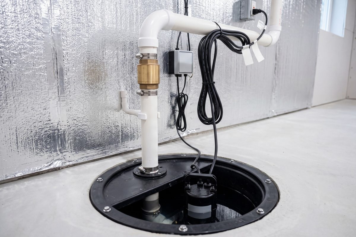Basement sump pump with its PVC discharge pipework